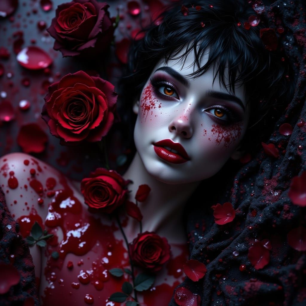 Gothic Queen Beside Bloodied Black Rose