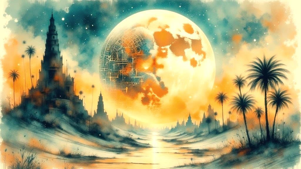 Hieroglyphic Moon Over Desert Oasis in Watercolor