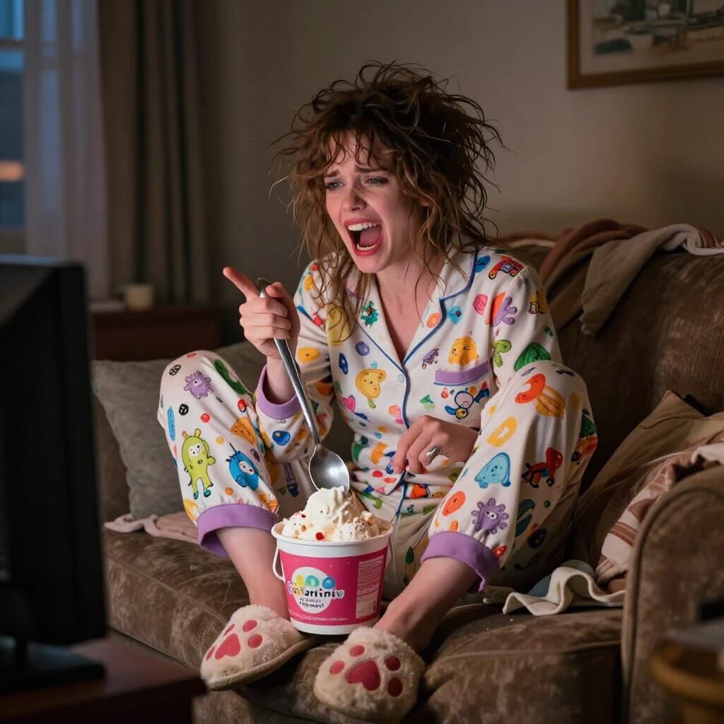 Woman Joyfully Eats Ice Cream While Singing Sad Song