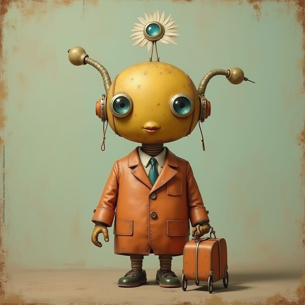 Whimsical Robot Traveler in Dreamlike Setting