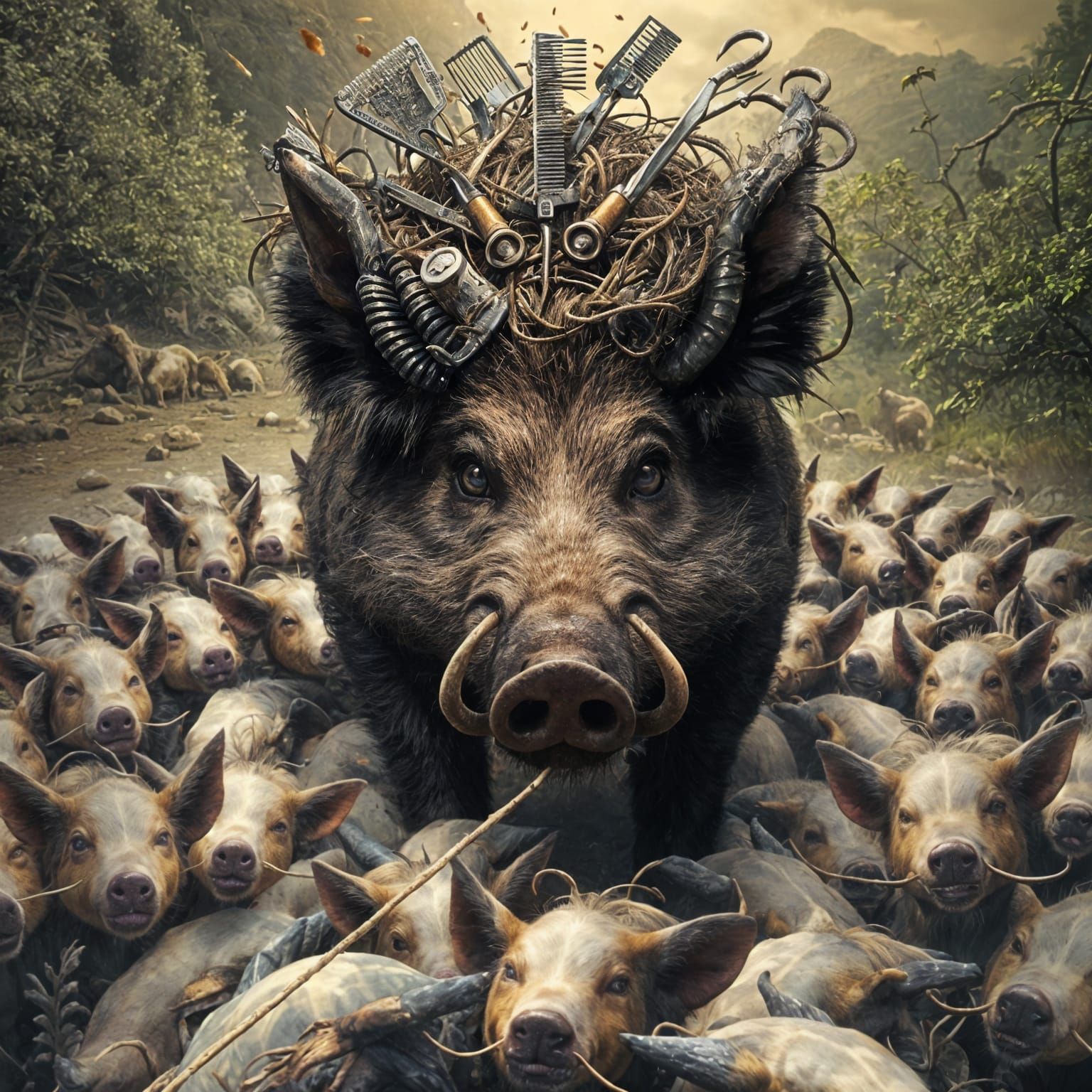 Mountain-Sized Boar with Demonic Piglet Retinue