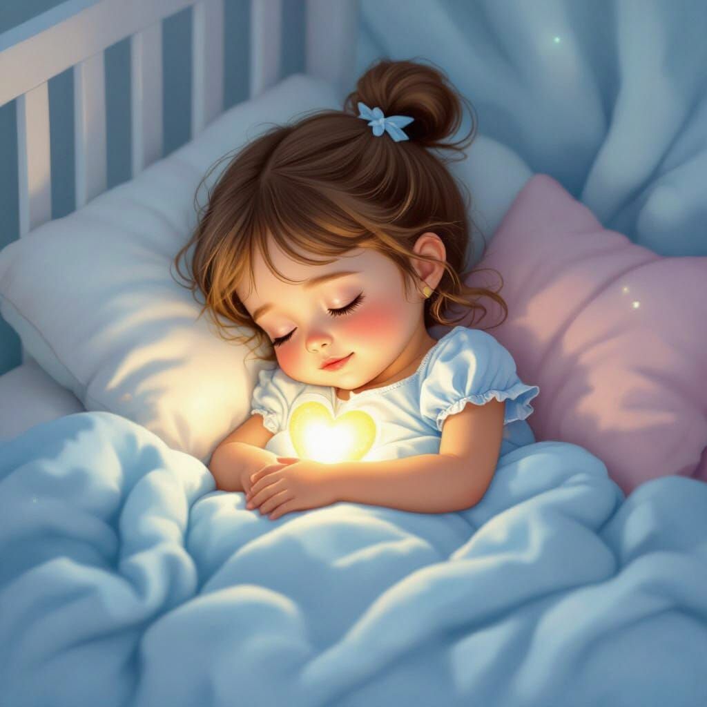 Sleeping Girl with Firefly Glow in Cartoon Fairytale Style