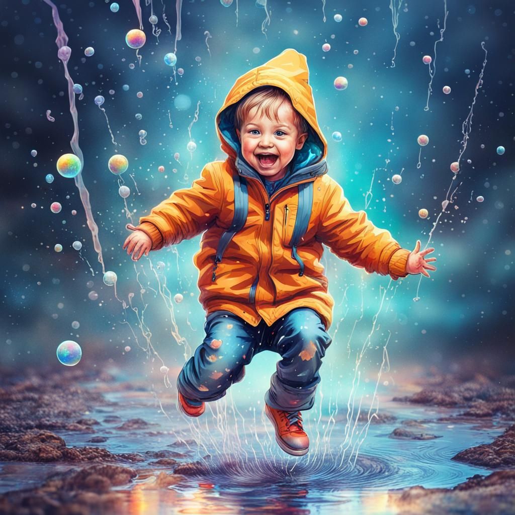 Cute Toddler Boy Jumping in Puddles: Cosmic Illustration