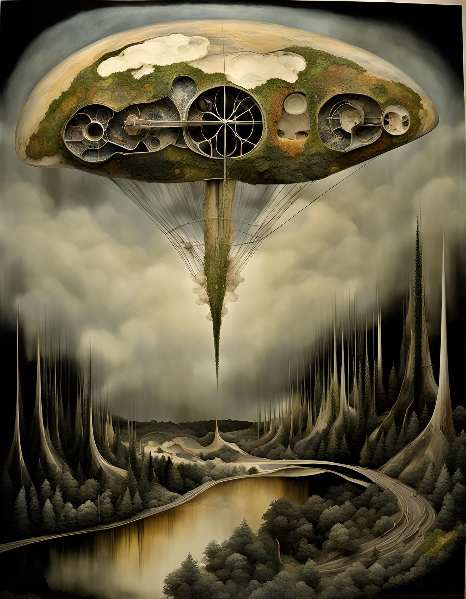 Surreal Landscape with Flying Machine, 3D Fluid Art