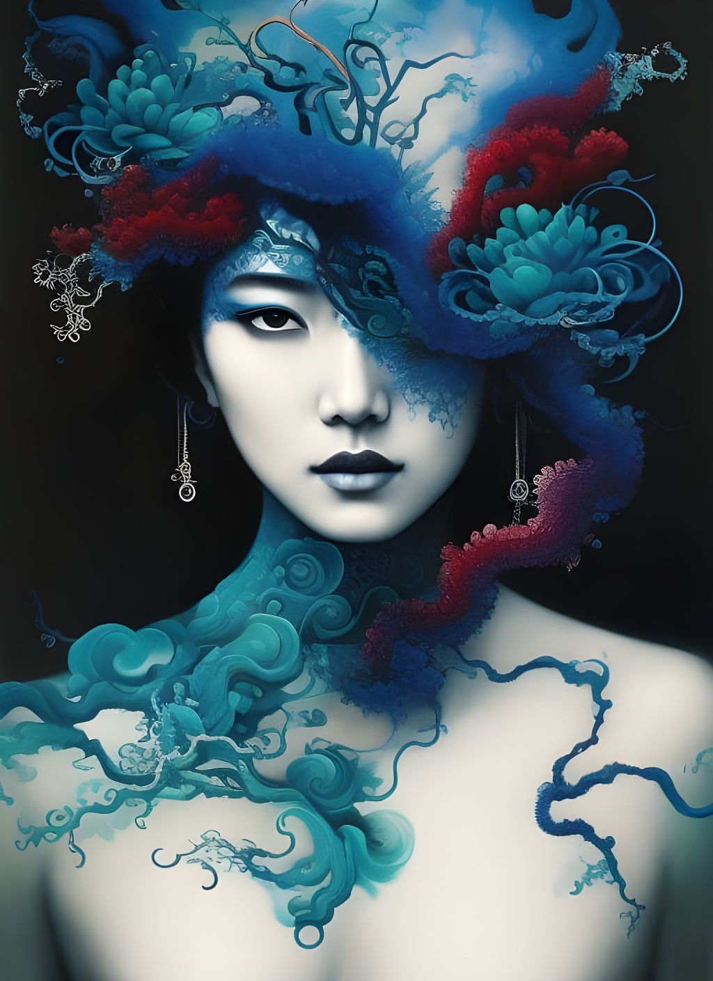 Gorgeous Woman Portrait with Dark Blue Flowers