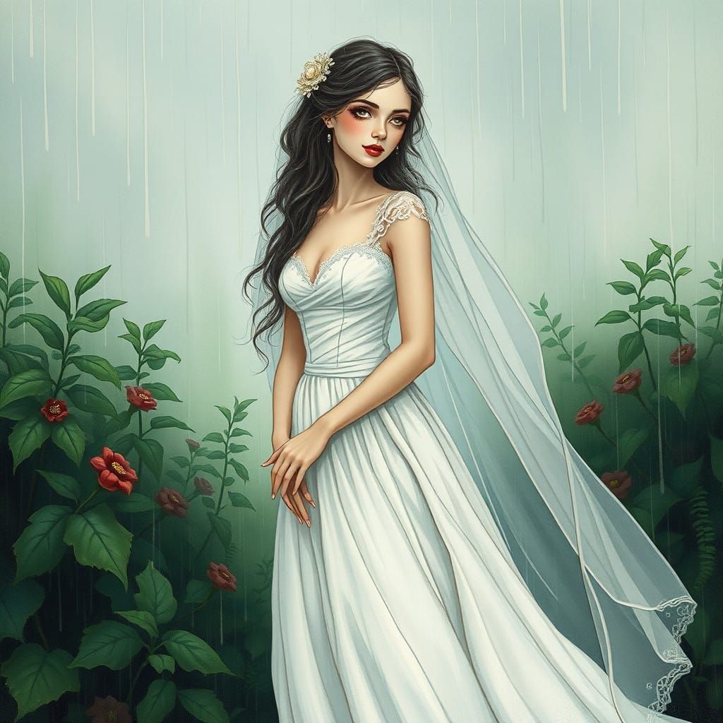 Whimsical Bride Under Misty Rain Veil
