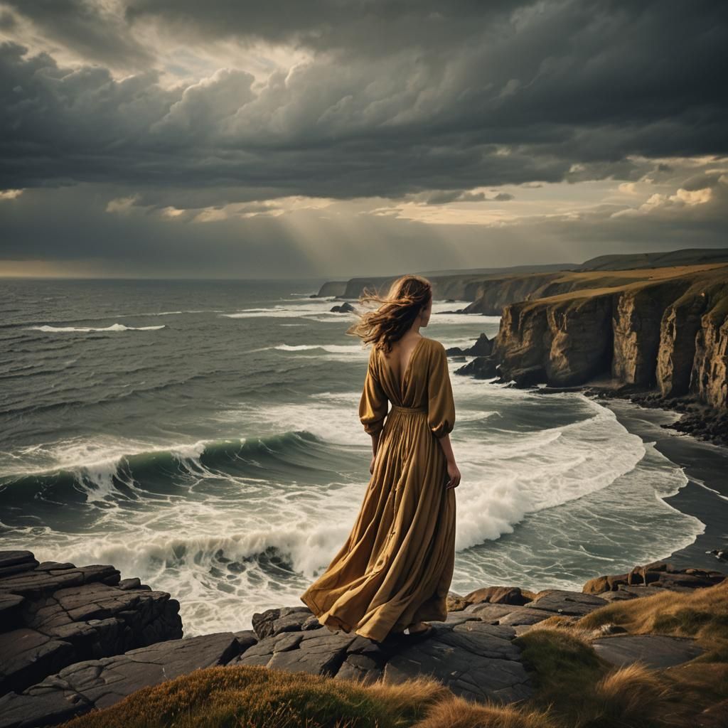 Woman Gazing at Tempestuous Sea in Dramatic Lighting