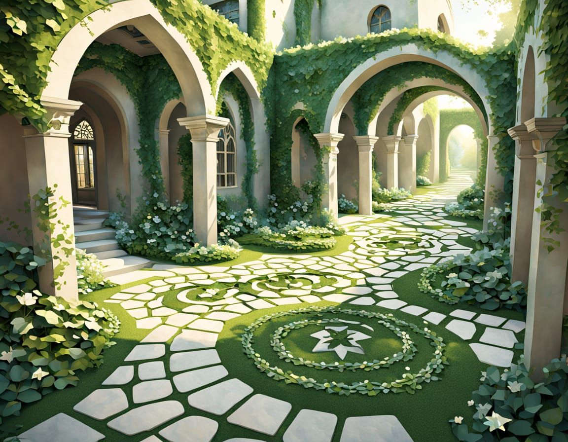 Nostalgic Garden with Spiral Vines and Geometric Archways