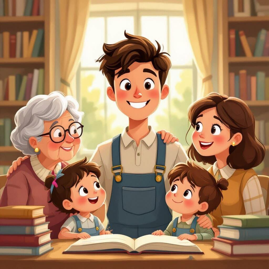 Friendly Seller with Family Buyers in Cozy Bookstore