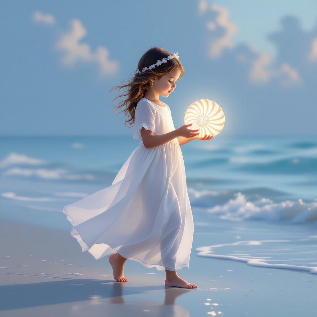 Girl Finds Luminous Seashell on Serene Shoreline