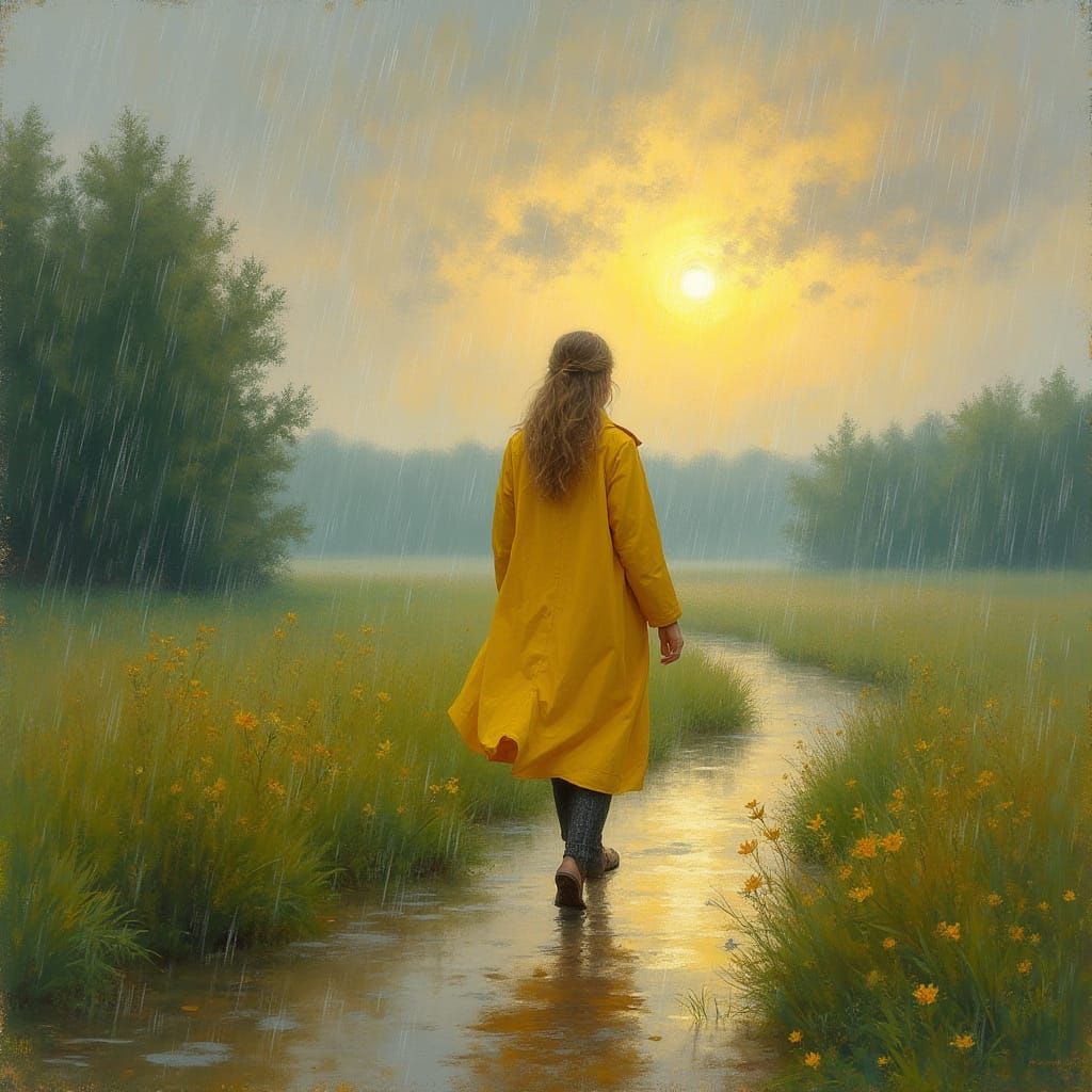 Woman in Yellow Raincoat: Impressionistic Sunrise Scene