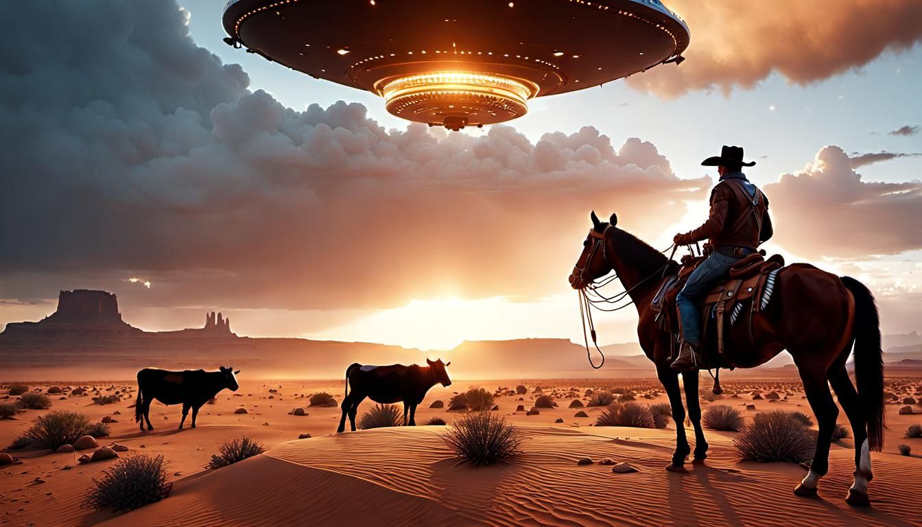 Cowboy Witnessing UFO Abduction in Desert Sunset