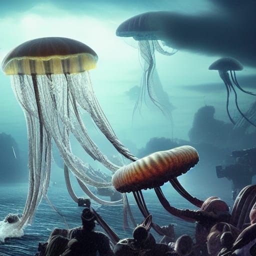 Epic Giant Jellyfish Fight: Digital Matte Painting