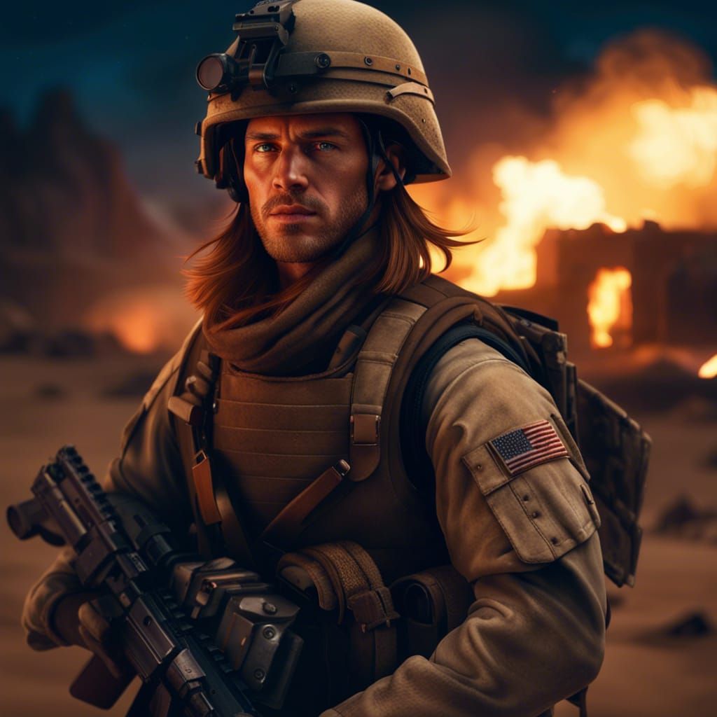 Photorealistic US Infantryman in War Zone at Night