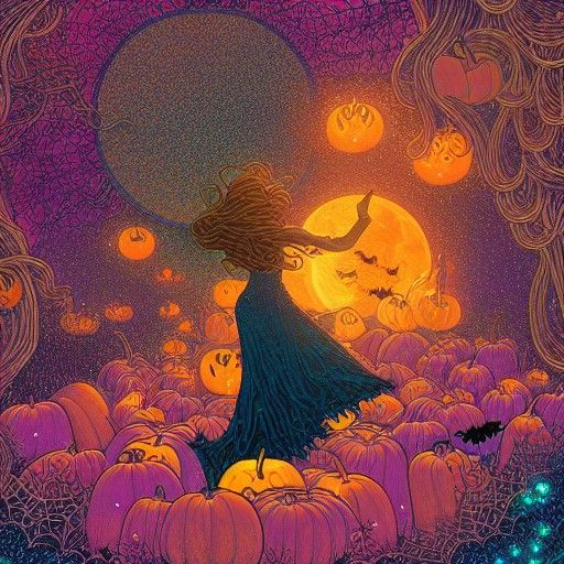 Halloween Goddess with Pumpkins in Astral Scene