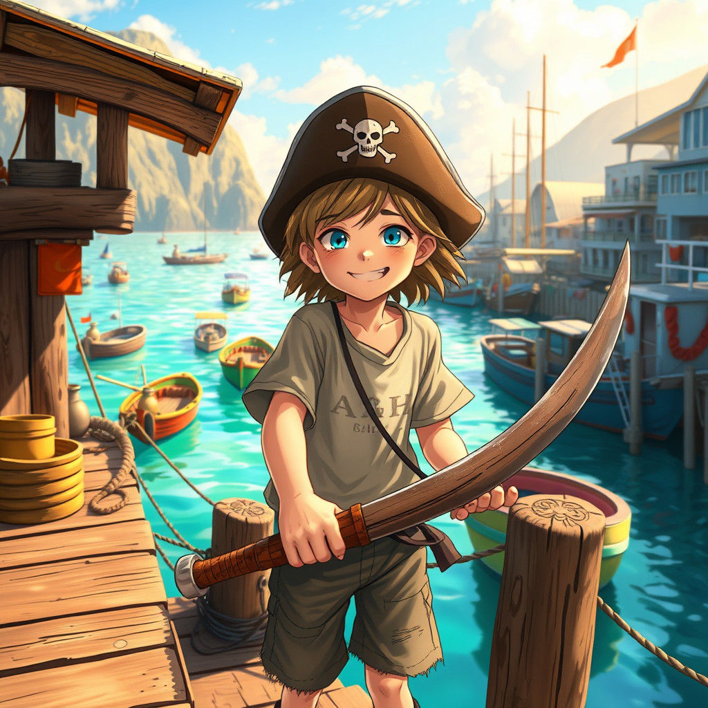 Boy Pirate on Rustic Docks in Anime Style
