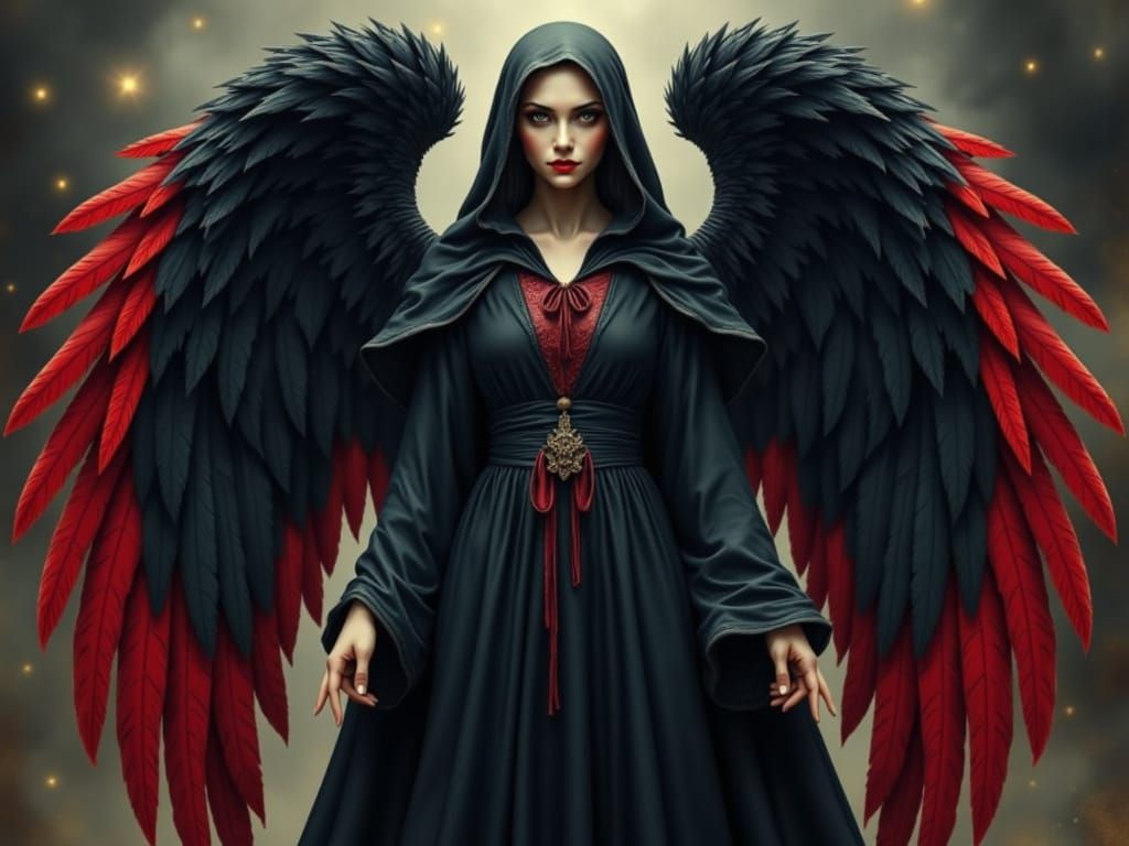 Ethereal Angel in Black Robe with Crimson Edges