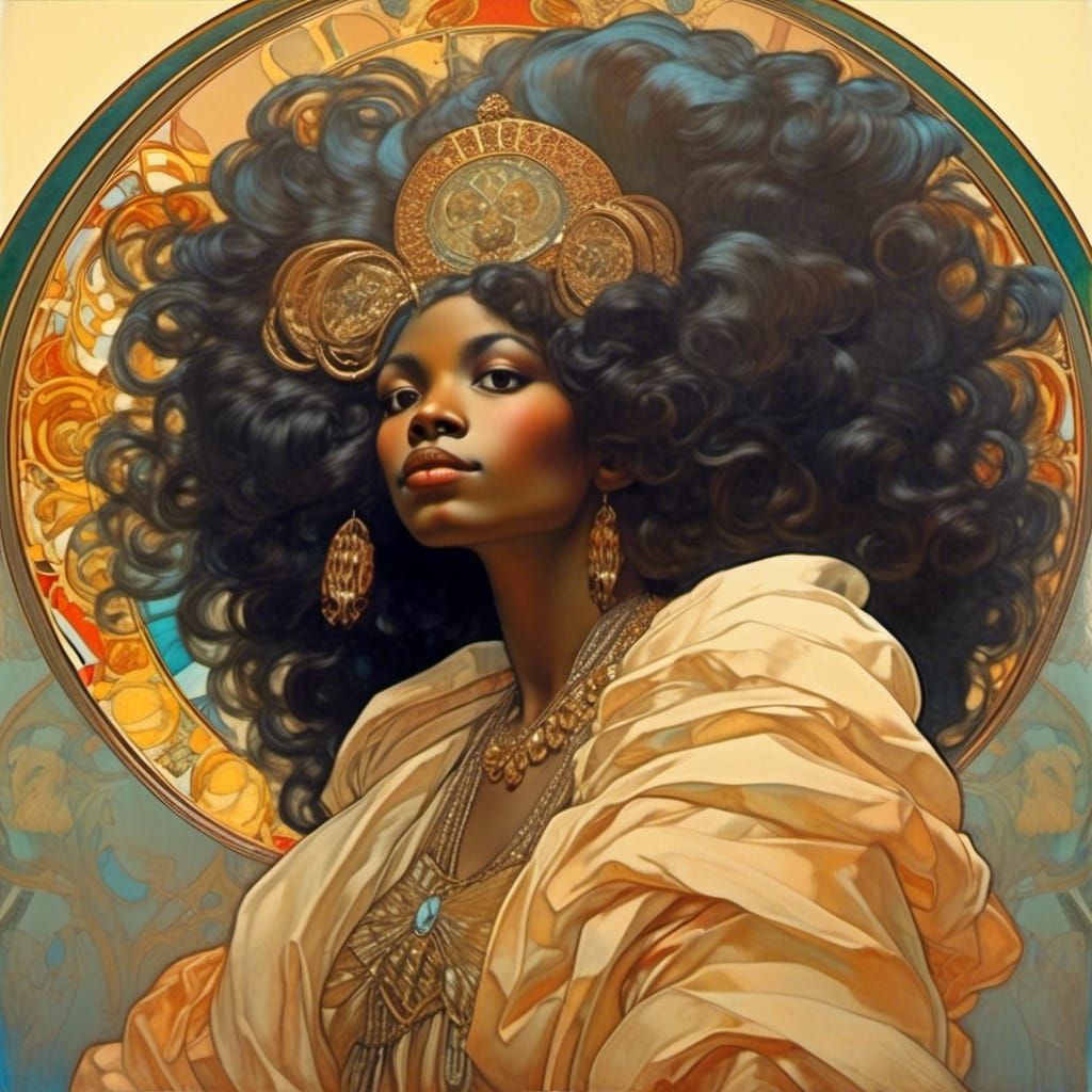 African American Woman with Afro, Art Nouveau Style