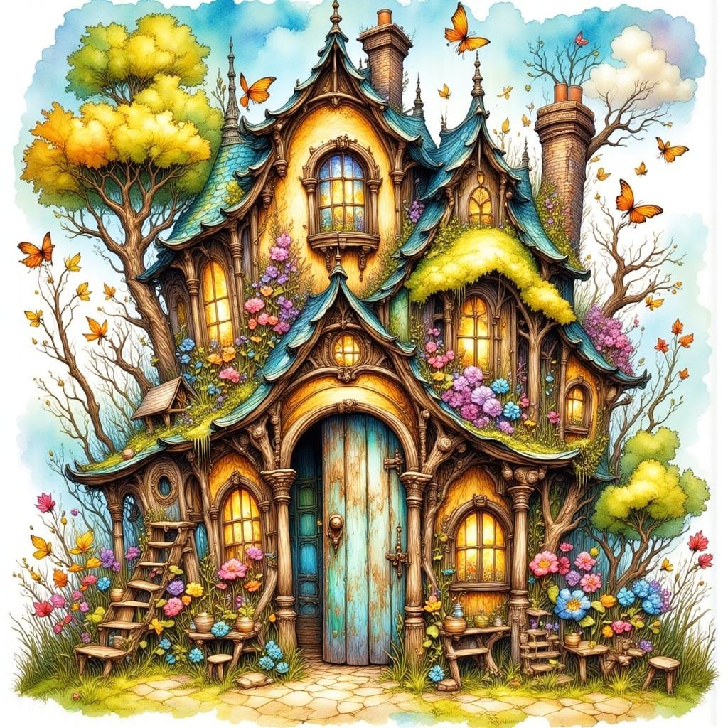Whimsical Crooked House in Naïf Art Style