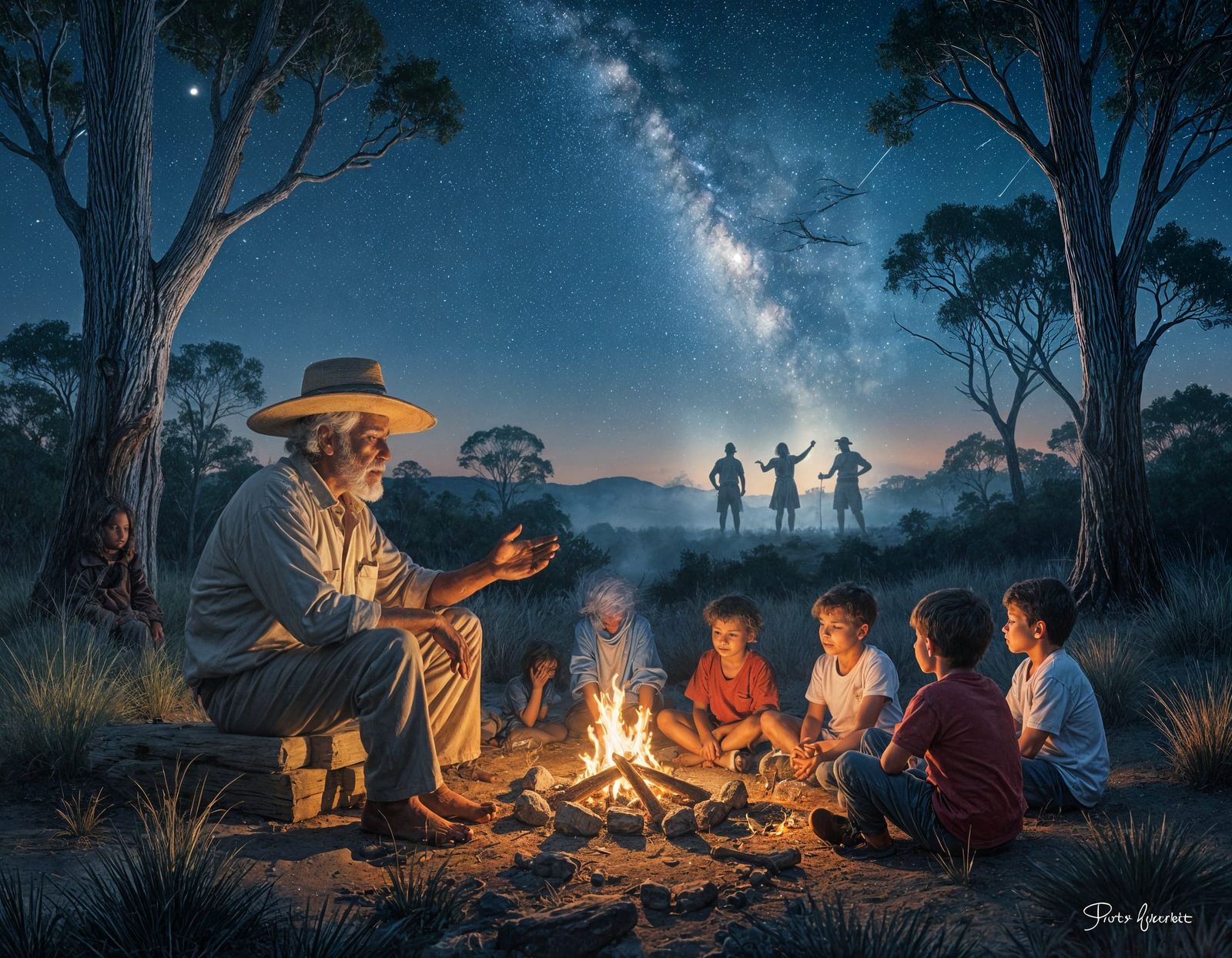 Aboriginal Elder Telling Stories in the Bush at Night