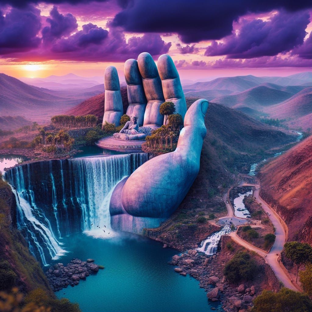 Surreal Landscape with Gigantic Stone Hand Sculpture at Suns...
