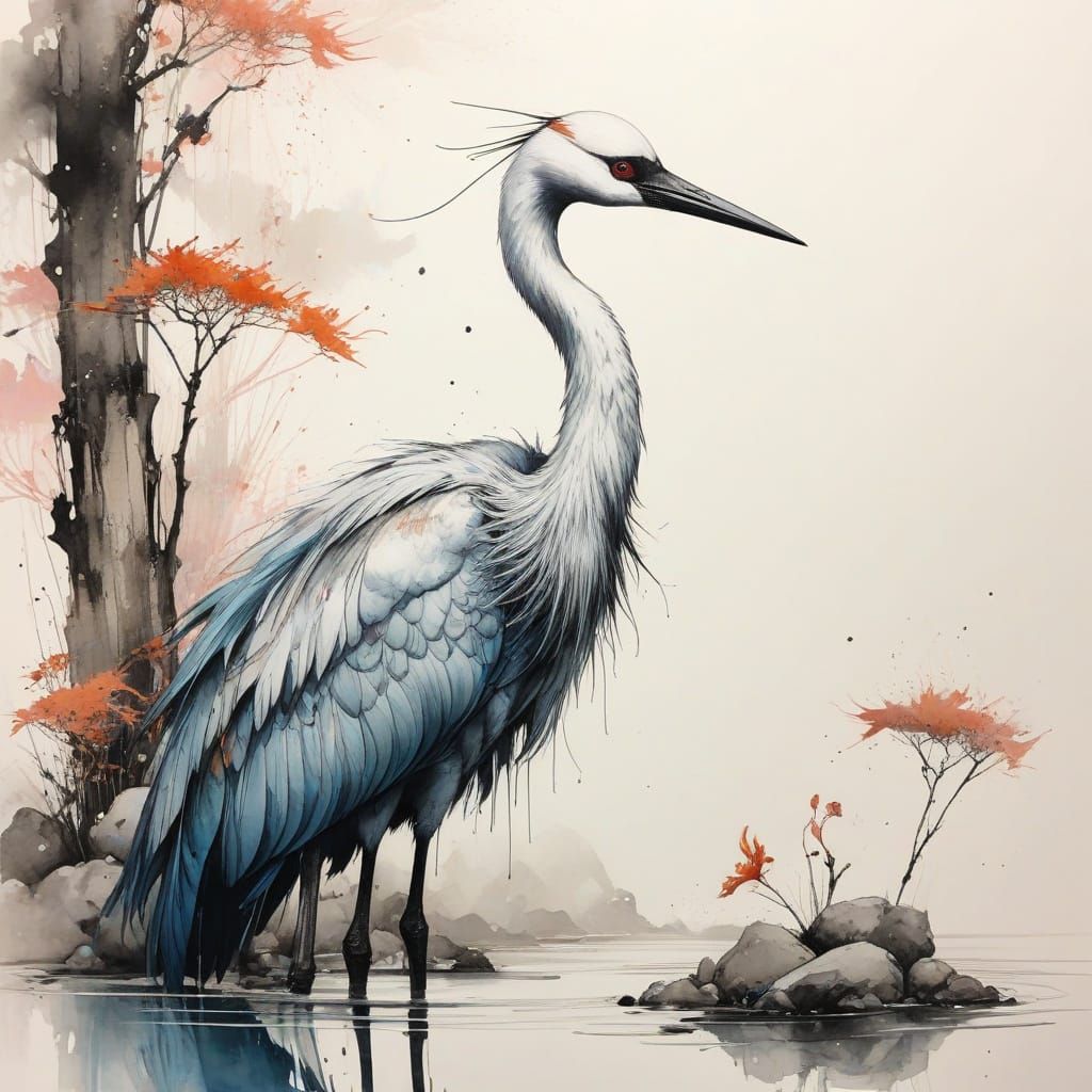 Ethereal Crane in Serene Zen Garden