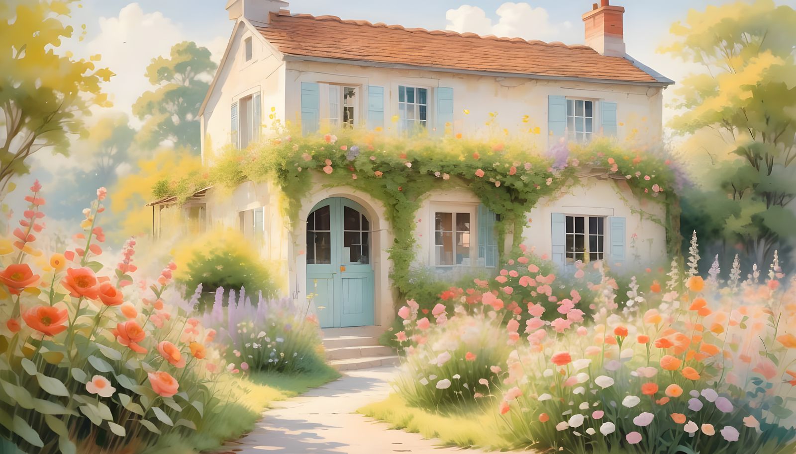 Charming Coastal Cottage in a Vibrant Floral Garden