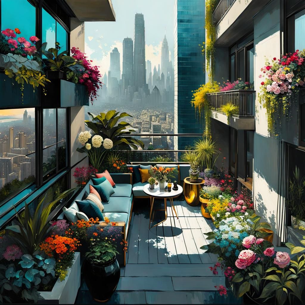 Hyperrealistic Balcony Garden Overlooking Cityscape