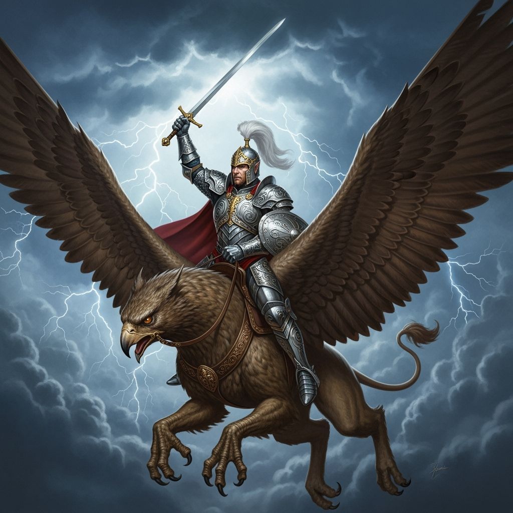 Elven Knight on Griffin Soaring Through Stormy Sky
