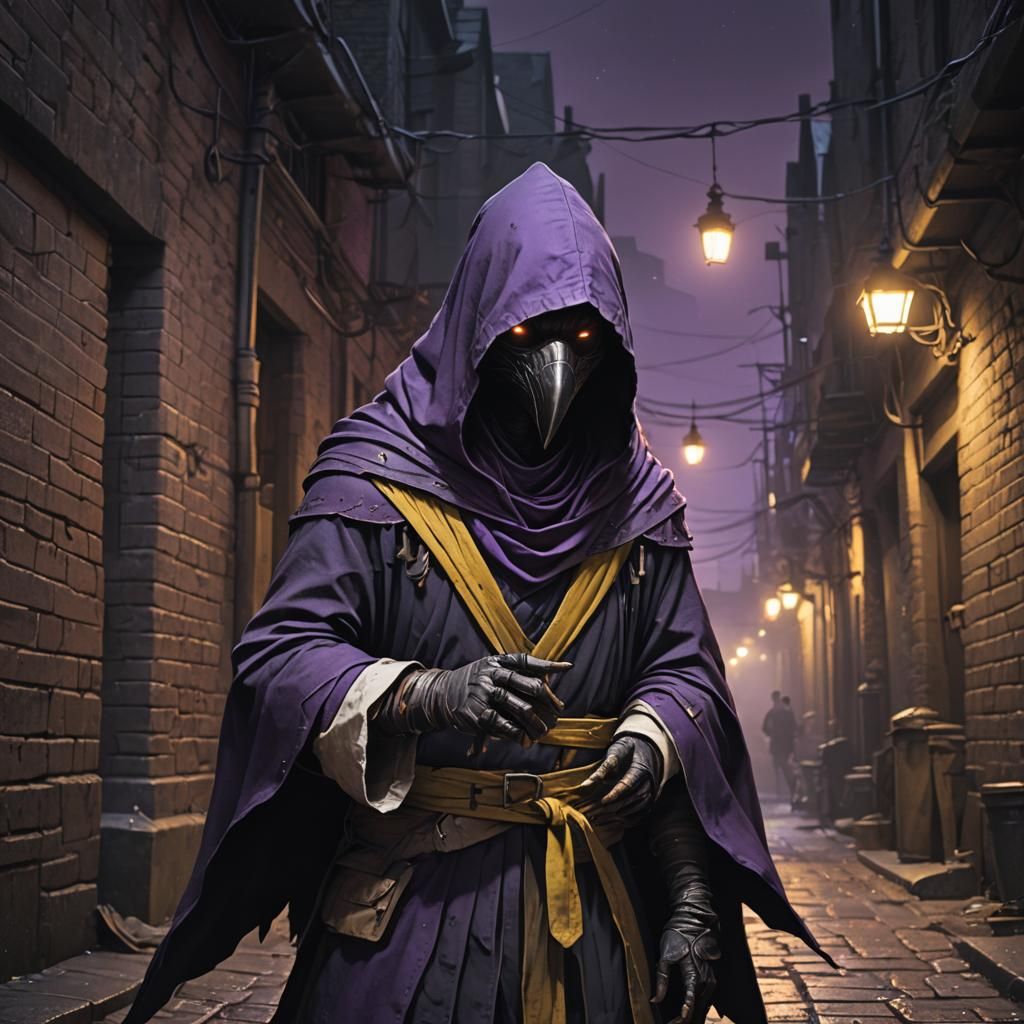 Hooded Kenku in Dark Alleyway, Detailed Fantasy Art