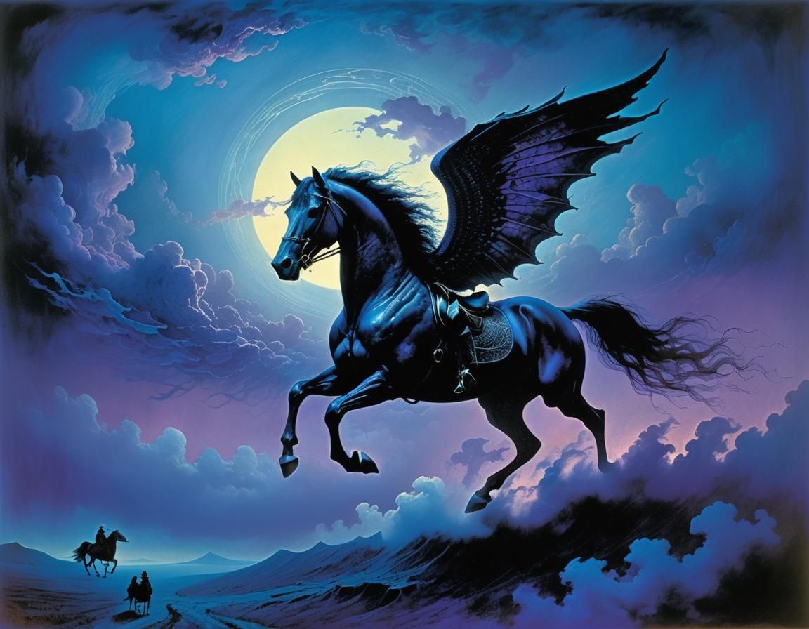 Ethereal Being on Nightmare Horse in Gothic Realm