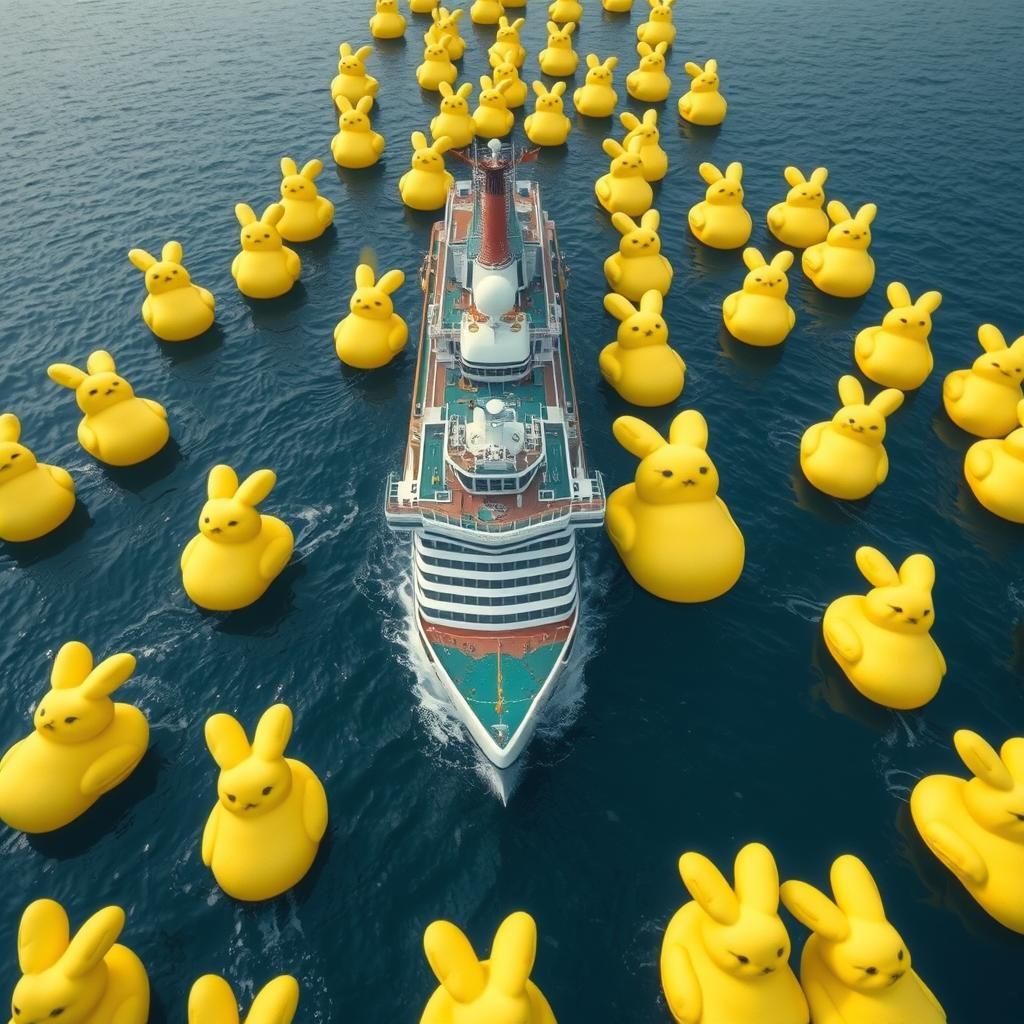 Giant Marshmallow Bunnies Floating in the Ocean