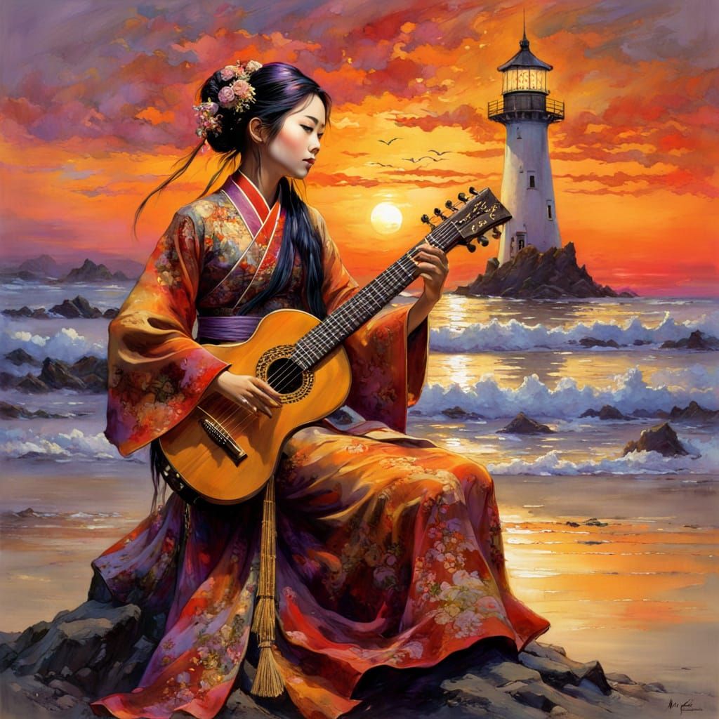 Japanese Princess in Vibrant Sunset Kimono, Playing Sitar on...