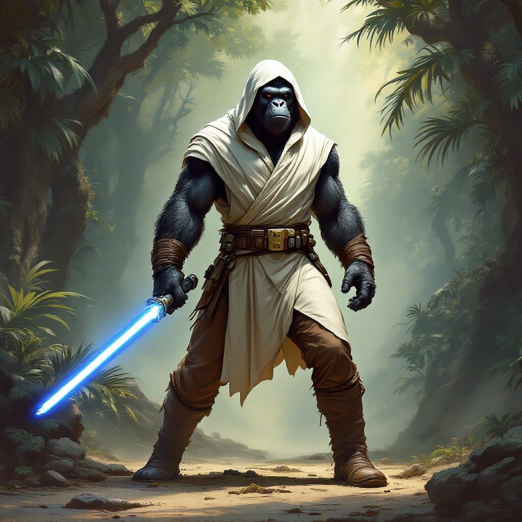 Majestic Gorilla Jedi Stands Tall in Misty Jungle