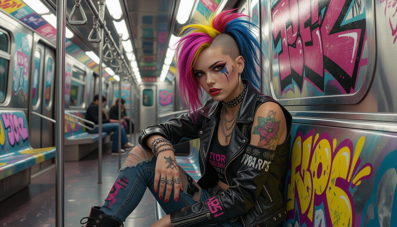 Punk Rock Girl in NYC Subway, Hyperrealistic Splash Art