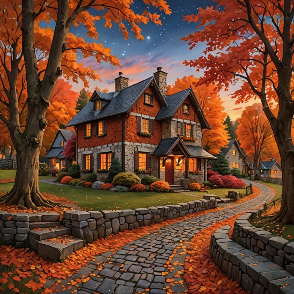 Picturesque Autumn Cottage Scene at Twilight