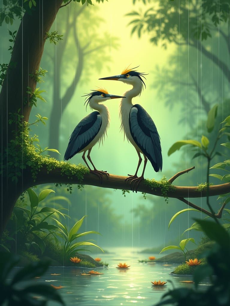 Serenely Perched Anime Night Heron Couple in Lush Jungle