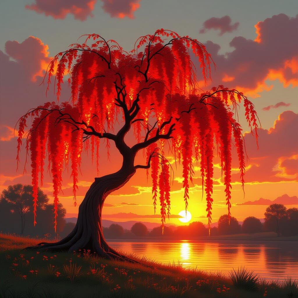 Fiery Red Weeping Willow at Sunset