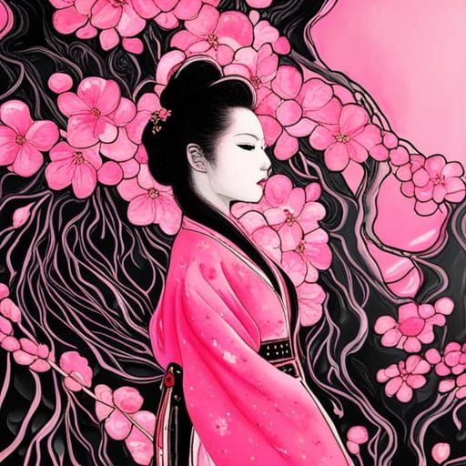 Elegant Geisha in Cherry Blossoms, Ink and Watercolor
