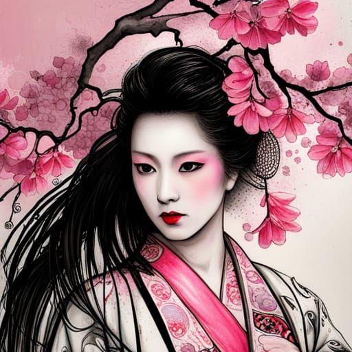 Elegant Geisha in Cherry Blossoms, Fluid Gouache Style