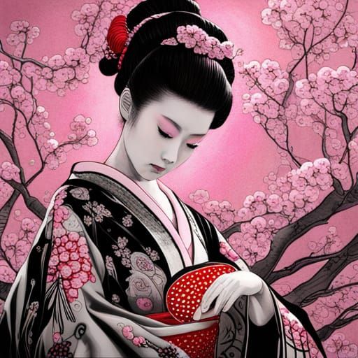 Geisha in Pink Kimono with Cherry Blossoms