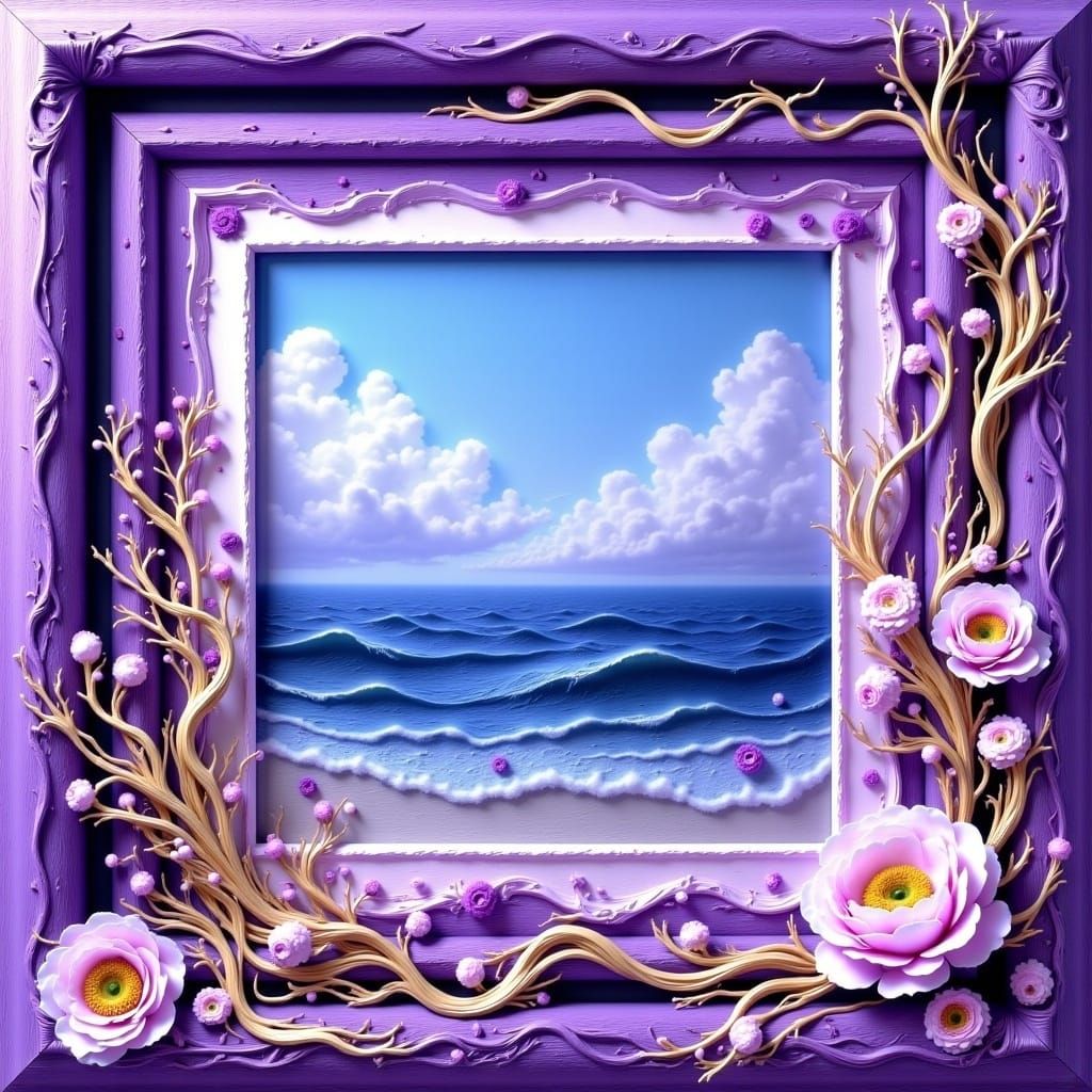 Ethereal Purple Ocean Scene in a Vintage Frame