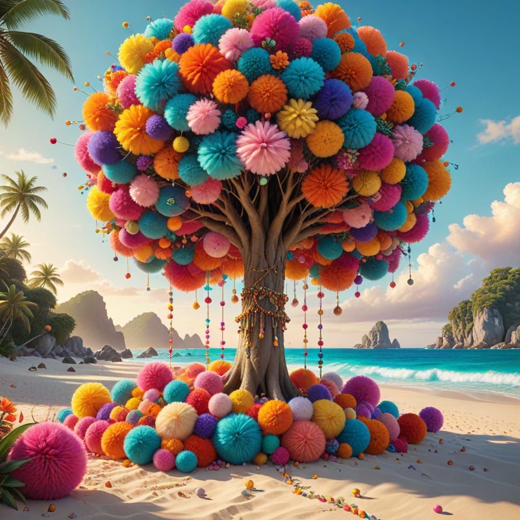 Magical Pompom Trees on Tropical Beach in Pastel Colors
