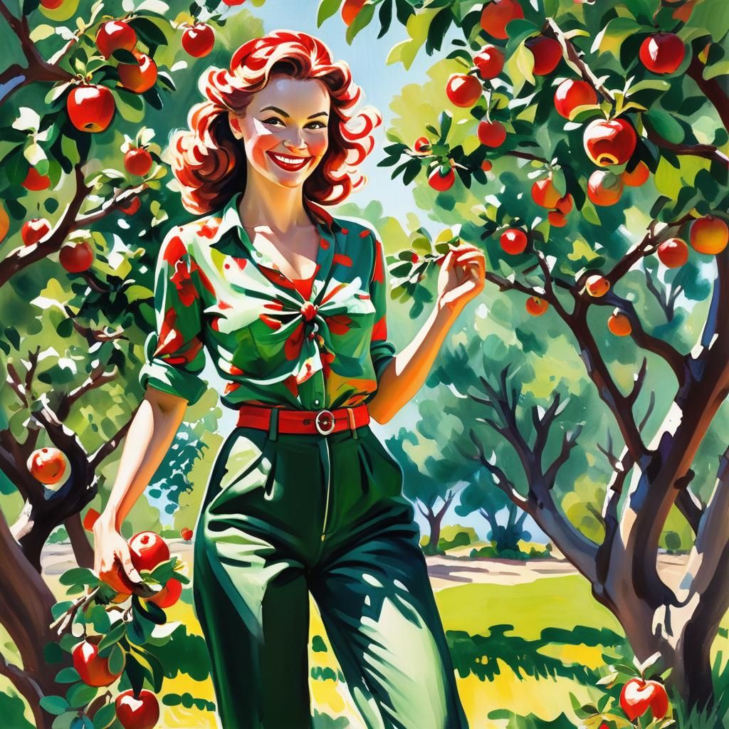 Girl in Apple Orchard Gouache Painting