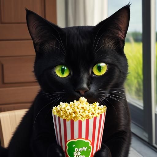 Mysterious Green-Eyed Cat Savoring Popcorn in a Whimsical Se...