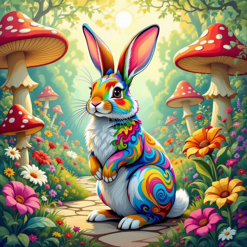 Psychedelic Bunny Man in Whimsical Wonderland Garden