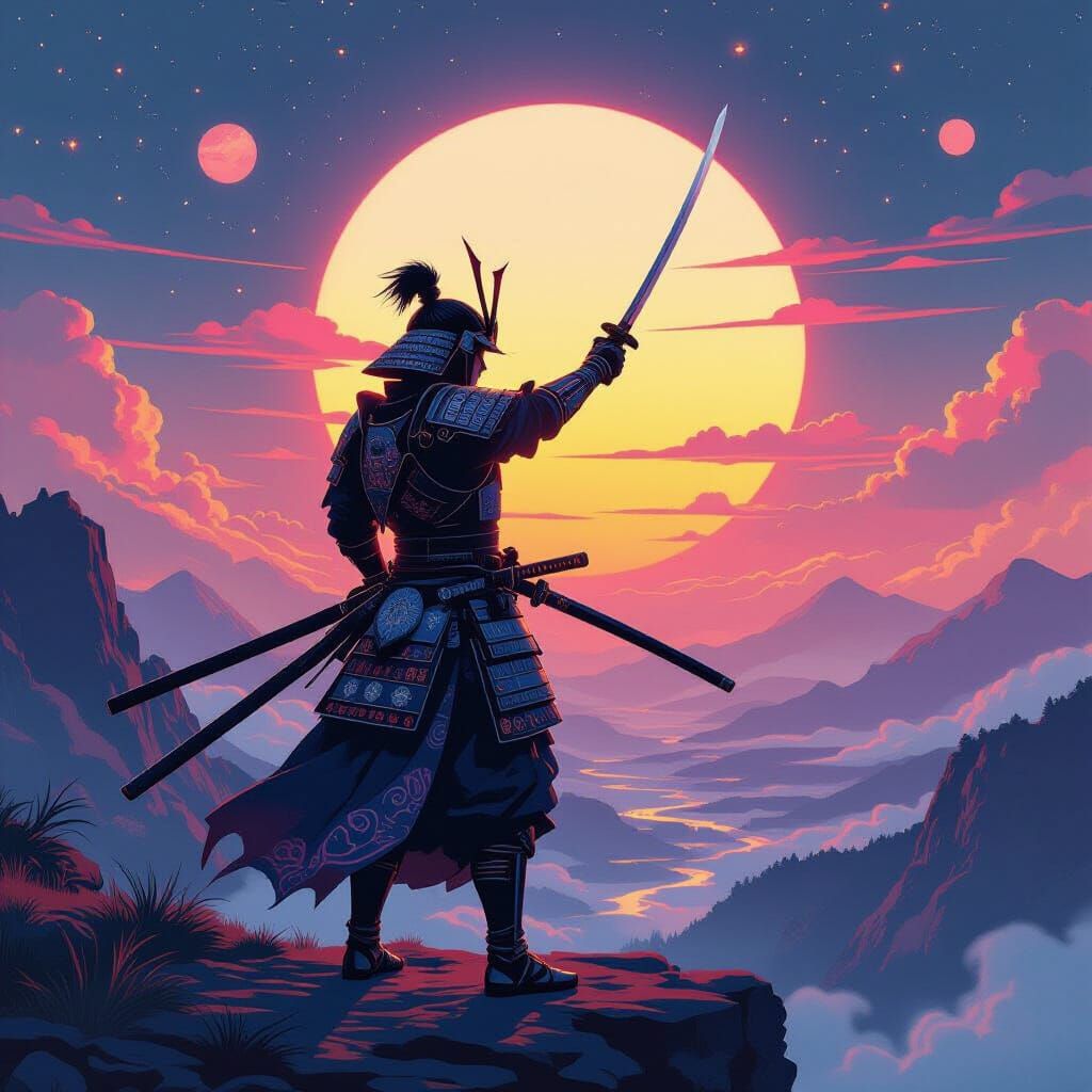 Samurai Warrior on Windswept Cliff in Ethereal Light