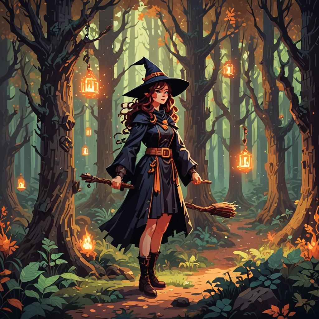 Retro Pixel Art Witch Casting Magic