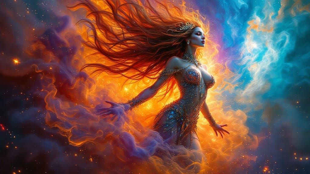 Surreal Genie Erupts from Cosmic Vortex in Vibrant, Iridesce...