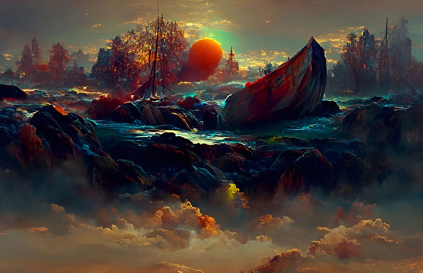 Ship Sails Dark Seas in Romantic Style